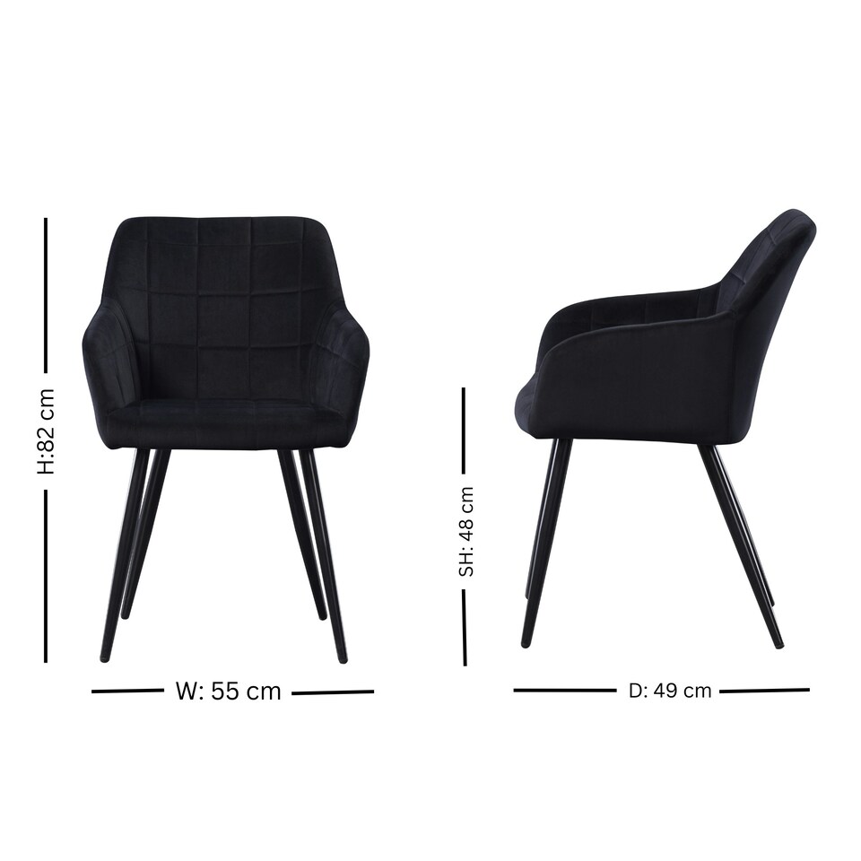 image 1 of Set of 6 Camden Modern Velvet Dining Chairs with Armrests, Quilted Design & Black Metal Legs Black