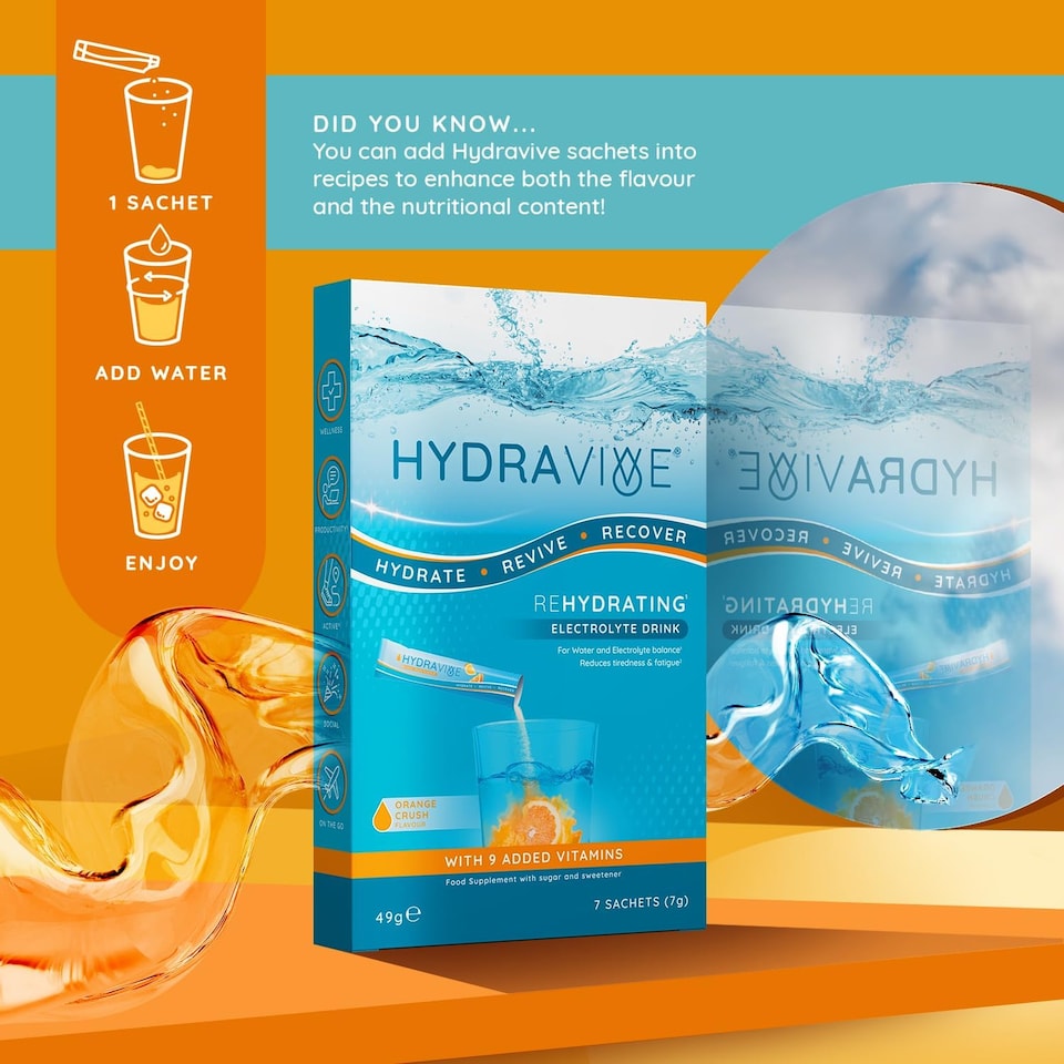 image 1 of Hydravive Rehydration Electrolytes Powder - High Strength Vitamin C and All 8 B Vitamins: B1, B3, B5, B12 Supplement Sachet Drink - 7 Pack Orange