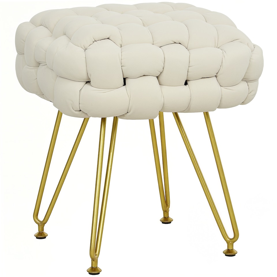 image 1 of HOMCOM Square Foot Stool, Woven Footrest Ottoman with Metal Legs, Padded Makeup Vanity Stool, Velvet Dressing Table Seat for Bedroom, Cream White | Cream | 1