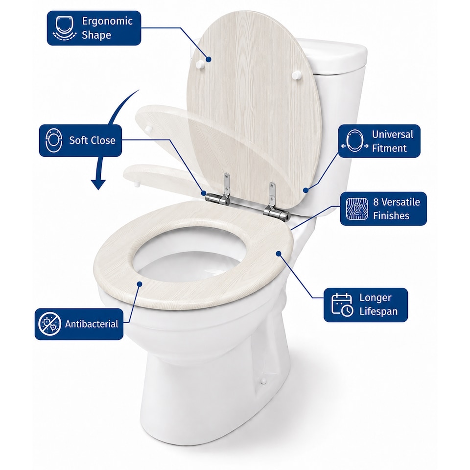 image 1 of Showerdrape Norfolk Soft Close White Oak Wooden Toilet Seat | White | 1