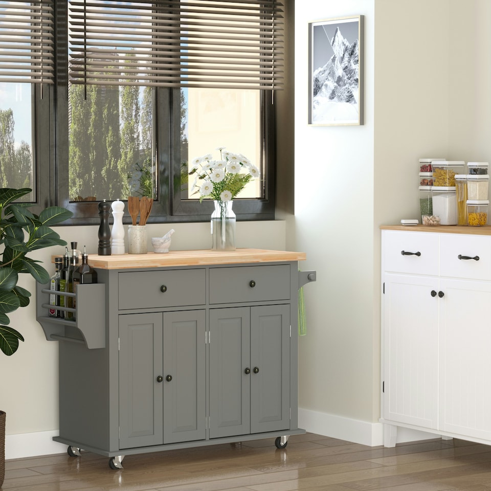 image 1 of HOMCOM Rolling Kitchen Island Cart w/ Rubber Wood Top, Towel Rack