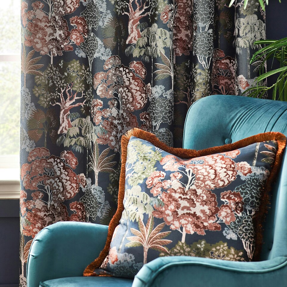 image 1 of Wylder Woodlands Floral Jacquard Navy Eyelet Curtains 168 x 183cm