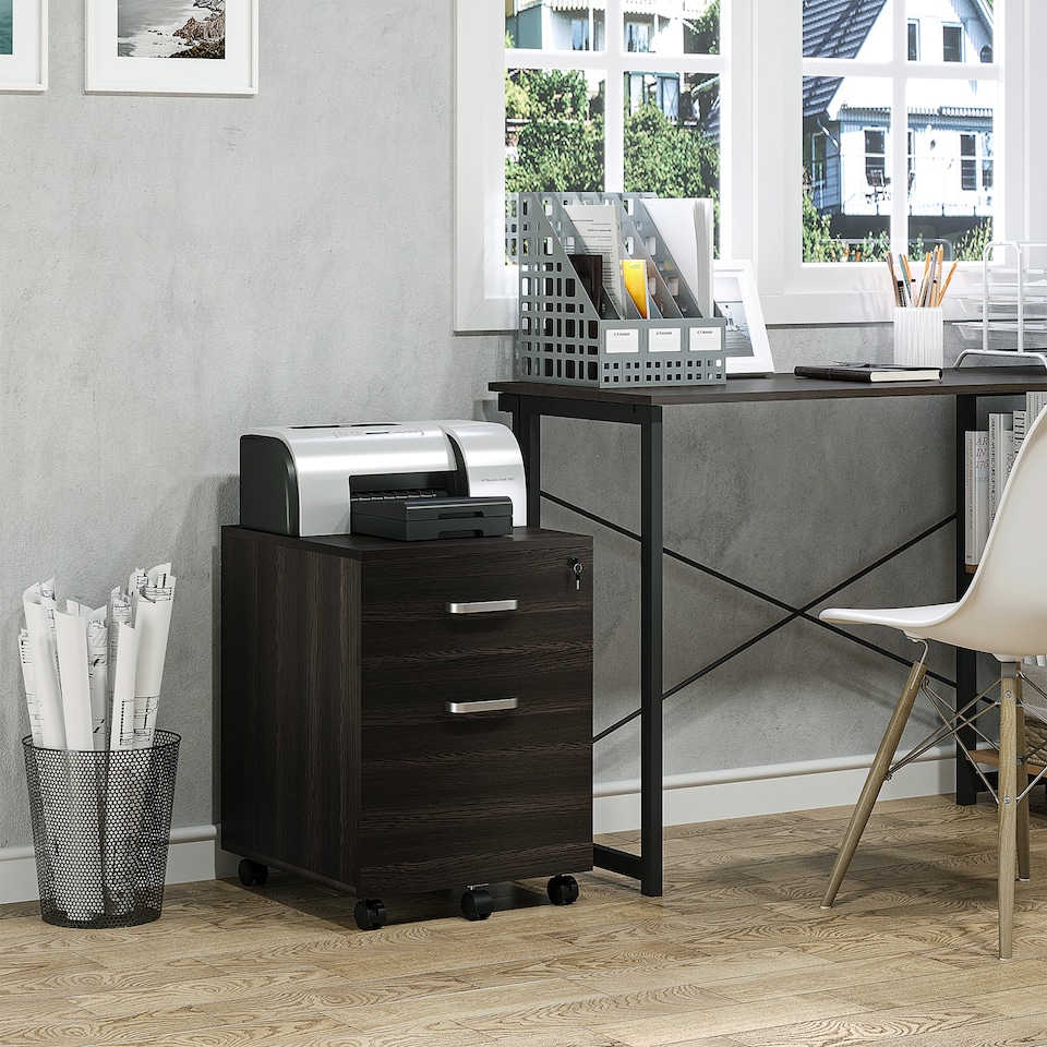 image 1 of Vinsetto 2-Drawer Locking Office Filing Cabinet w 5 Wheels Rolling Storage Hanging A4 Cupboard Home Organisation Black Wood Grain