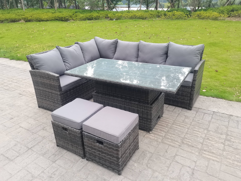 image 1 of Fimous High Back Corner Rattan Garden Furniture Sofa Dining Rising Table Height Adjustable 8 Seater 2 Small Foot Stools