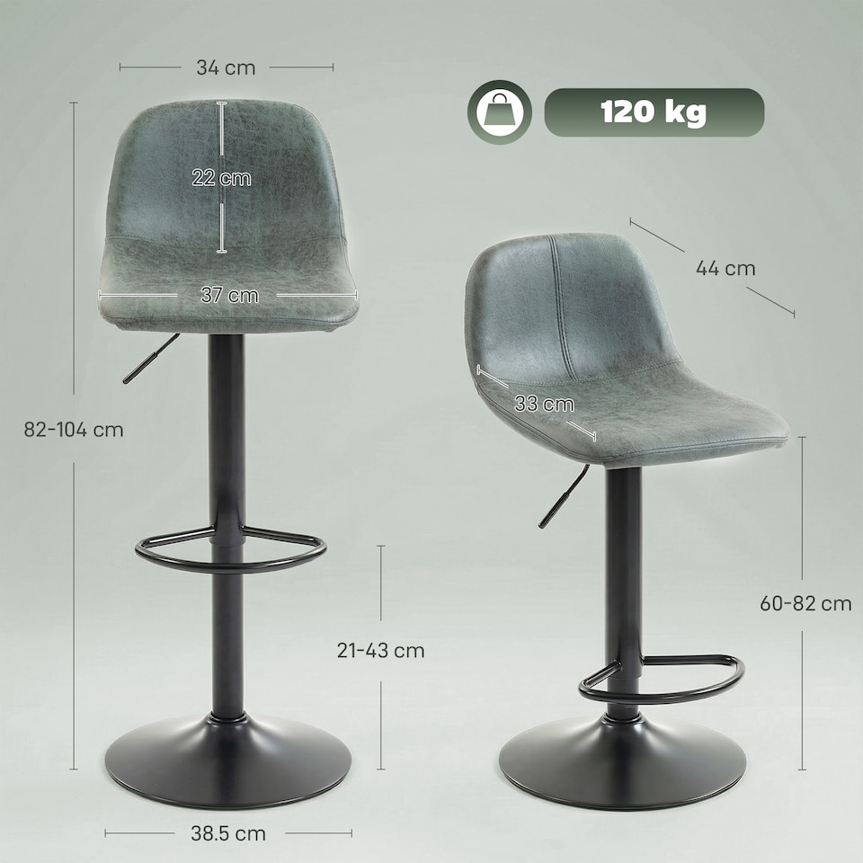 image 1 of HOMCOM Bar Stools Set of 2, Modern Swivel Barstools for Dining Room | Black | Green | 37 x 44 x 82-104 cm