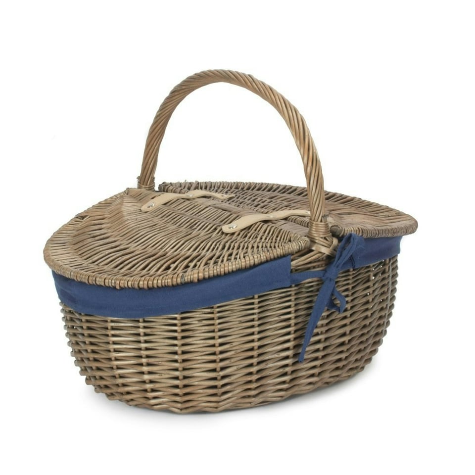 image 1 of Antique Wash Finish Oval Lined Picnic Basket Blue | Navy Blue | One Size
