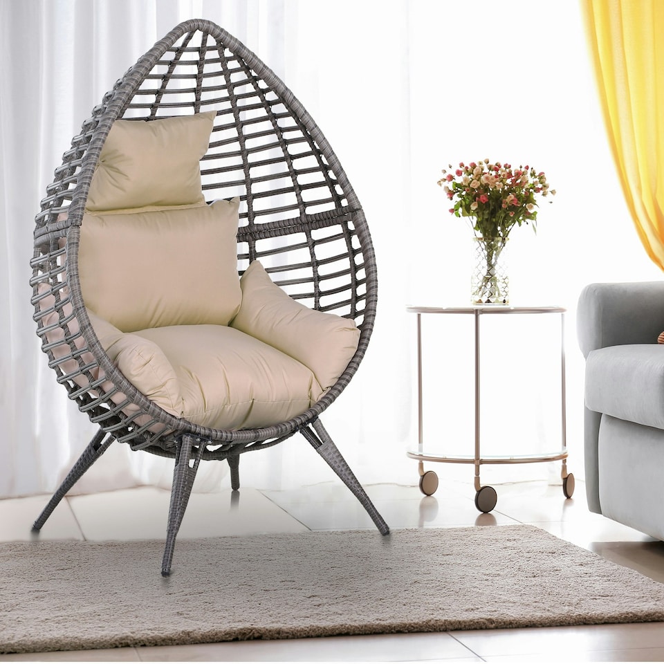 image 1 of Outsunny Outdoor indoor Wicker Teardrop Chair with Cushion Rattan Lounger