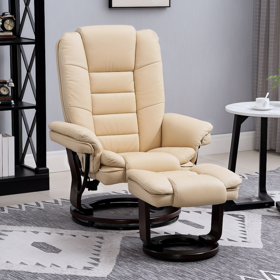 image 1 of HOMCOM Recliner Chair With footstool, Recliner Armchair up to 130kg Weight Capacity, 135 Reclining Swivel Sofa Chair, PU Leather Ergonomic Couch Bed with Swivel Wood Base for Living Room, Beige