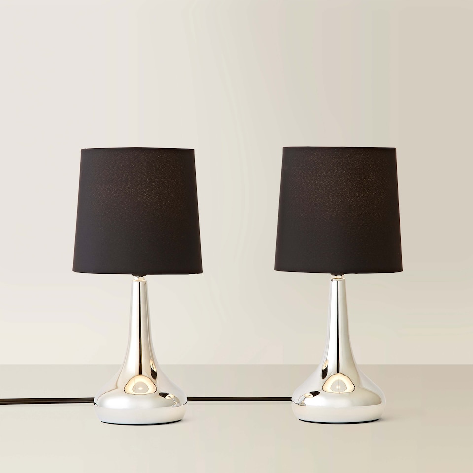 image 1 of ValueLights Teardrop Pair Chrome Touch Table Lamps Black Shade & Bulbs | Black