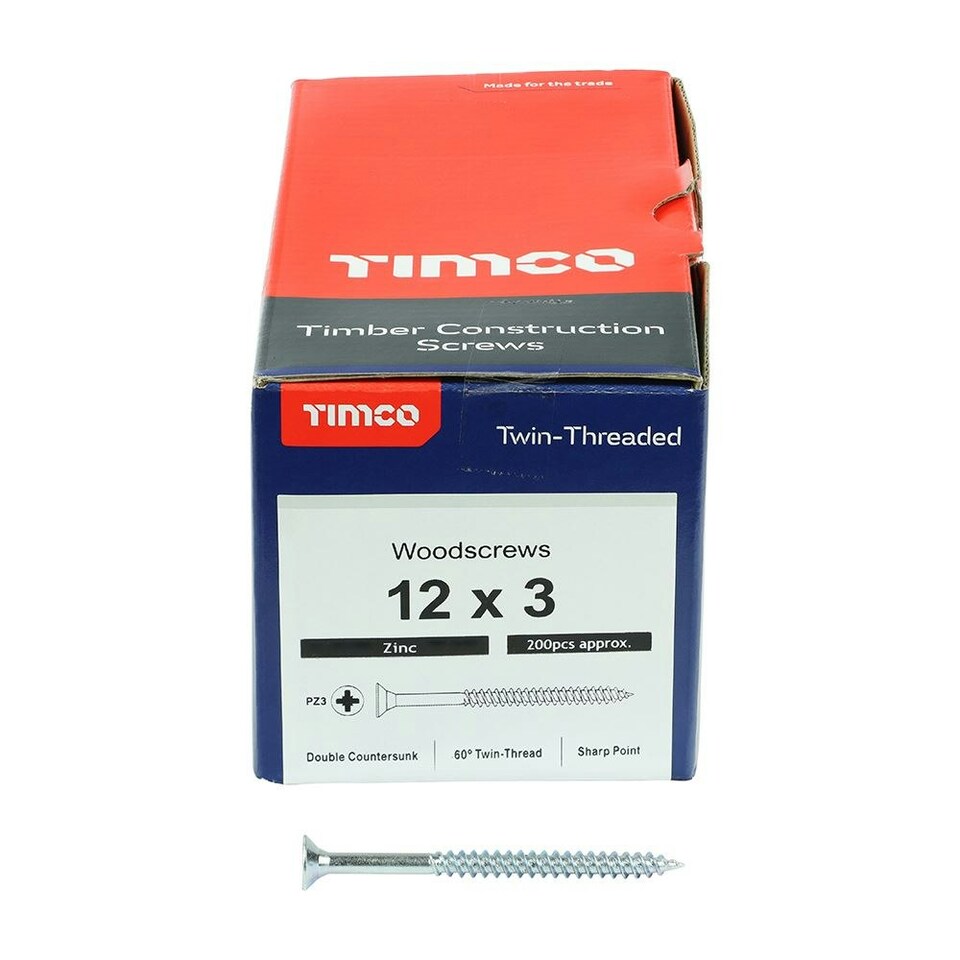 image 1 of Timco - Twin-Threaded Woodscrews - PZ - Double Countersunk - Zinc (Size 12 x 3 - 200 Pieces)