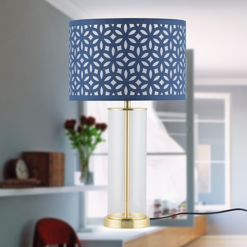 image 1 of Aura - Satin Brass Table Lamp with Navy Blue Cut Out Shade | Gold | Blue | Large | 1