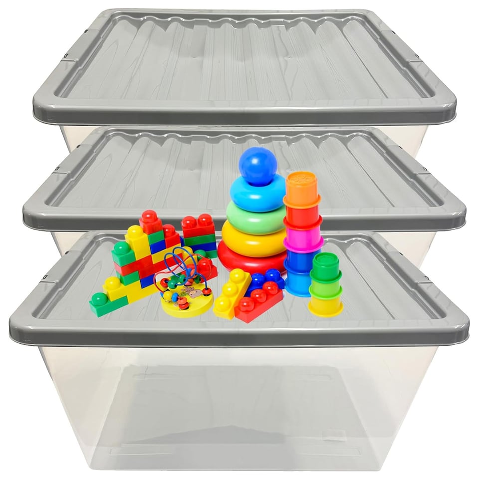 image 1 of 3 x 62L Stackable Clear Plastic Storage Boxes With Silver Lids