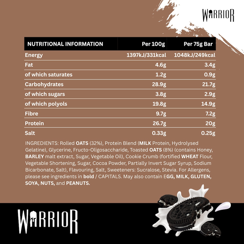 image 1 of Warrior RAW Protein Bars 12 x 75g – 20g High Protein Bar, Low Sugar High Fibre Oat Protein Flapjack – Protein Snacks, Meal Replacement Bars (Cookies & Cream)