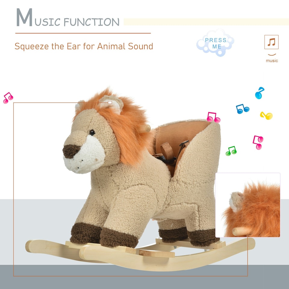 image 1 of HOMCOM Kids Rocking Lion Plush Ride On Seat w/ Sound Button Wood Base Seat Belt
