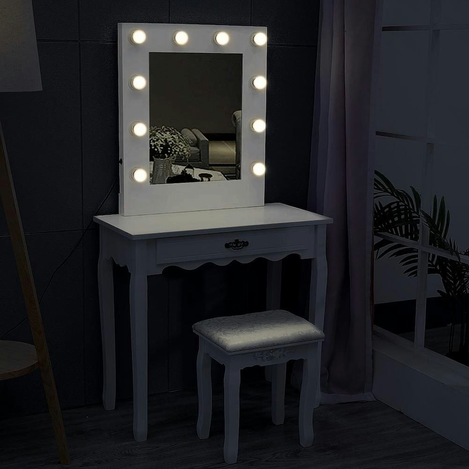 image 1 of Living and Home Vanity Dressing Table with LED Lights Mirror White White