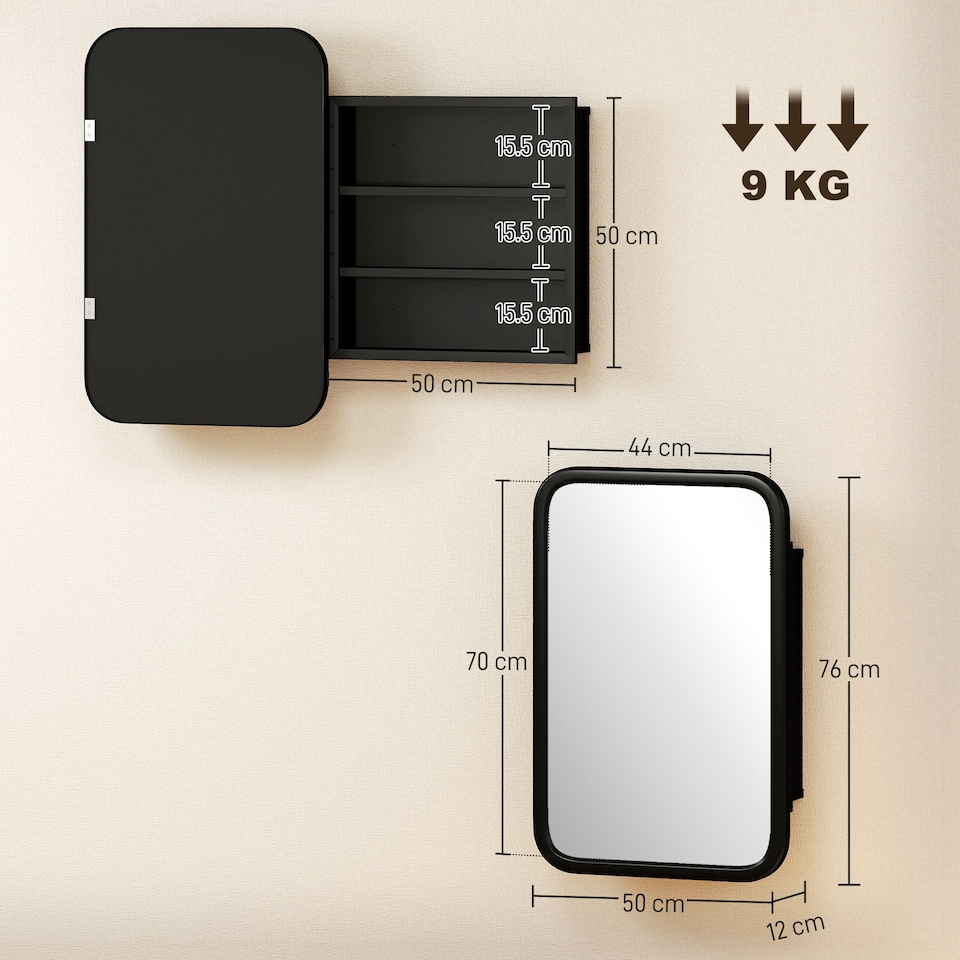 image 1 of HOMCOM Bathroom Wall Cabinet with Mirror Black | Black | Black | 50 x 12 x 76 cm