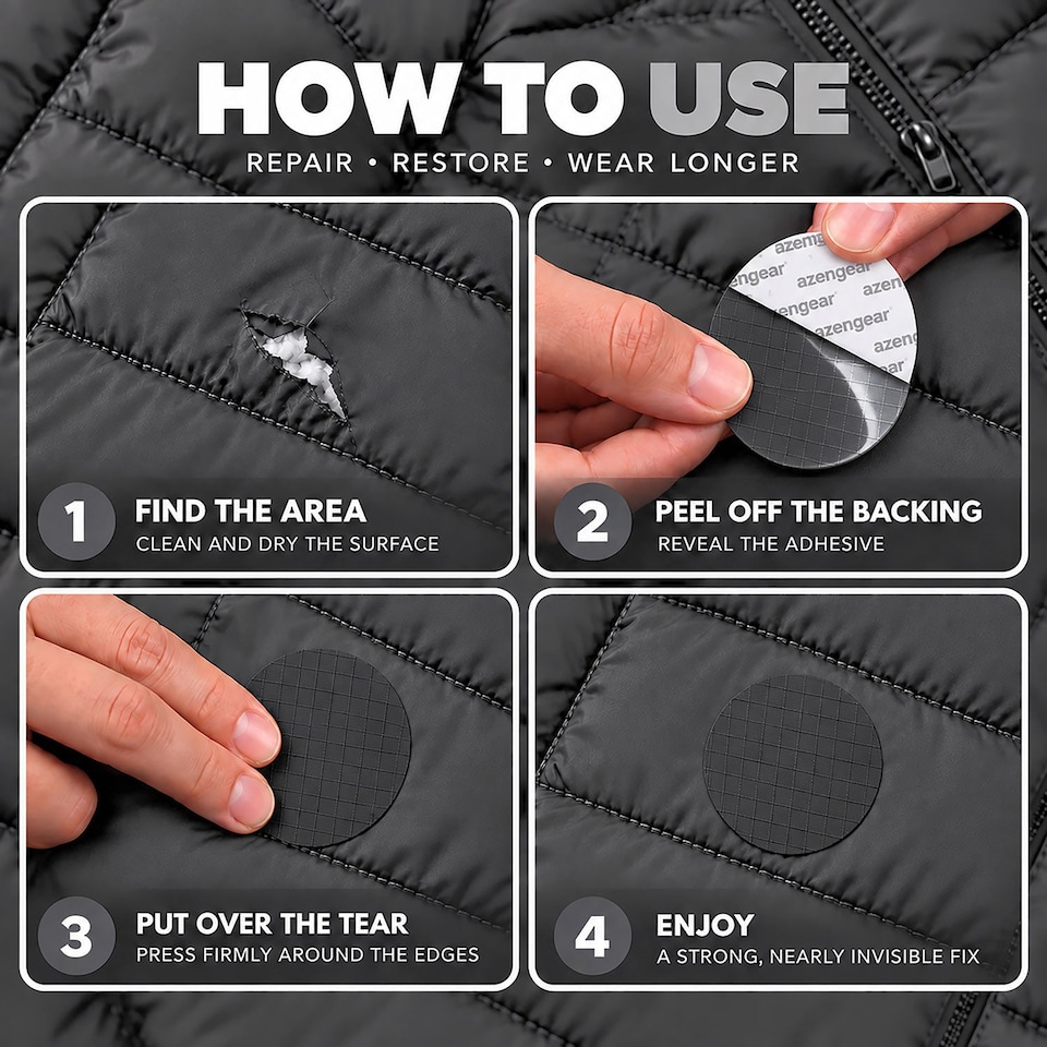 image 1 of aZengear Repair Patches for Jackets, Tent, Shoe, Gear - Waterproof, Self-Adhesive, Tear-Cold-Heat-Resistant (11 Pieces, Black)