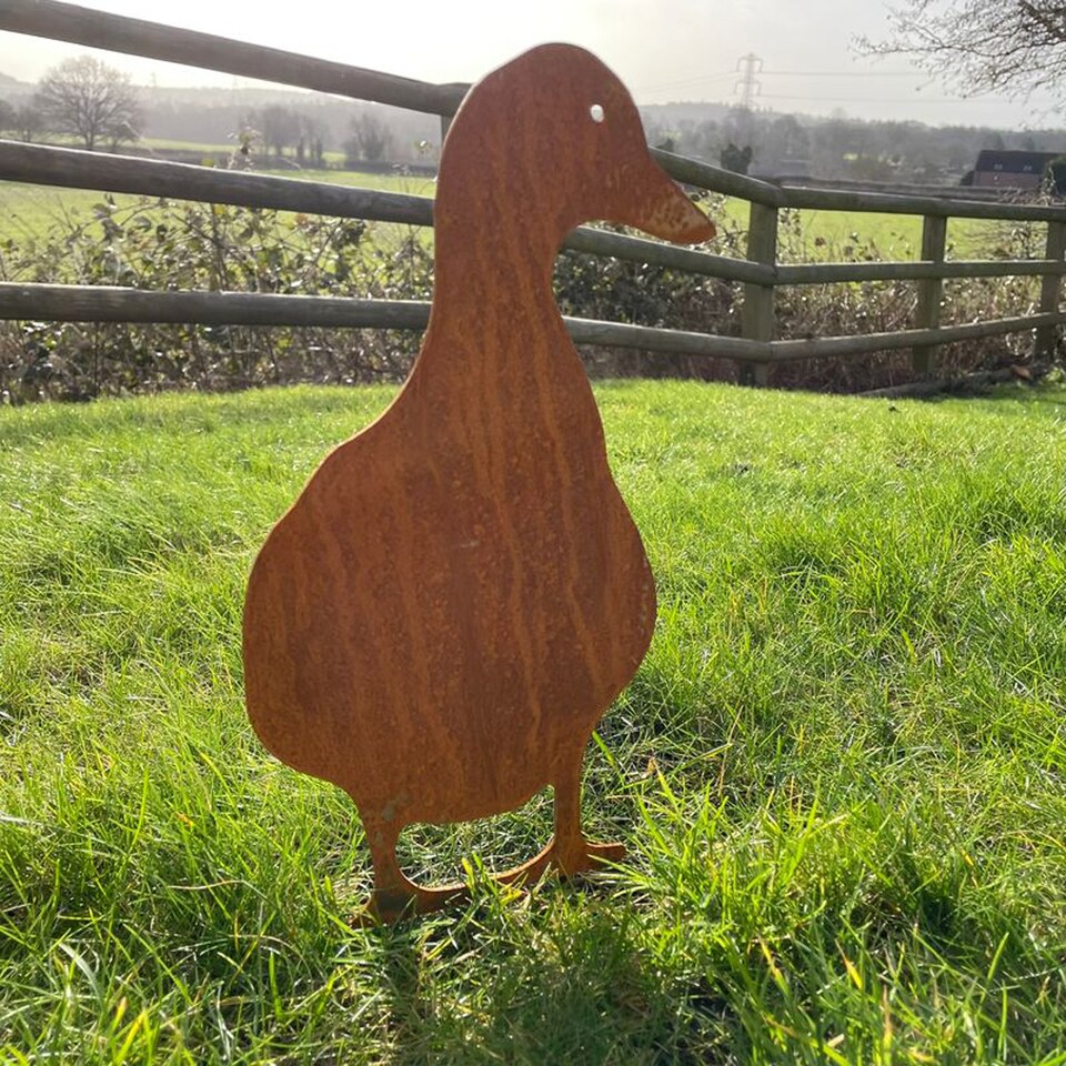 image 1 of Duck Facing on Stake - Hand Made By Traditional Forge, Steel Garden Ornament - Steel - W17.8 x H30 cm - Bare Metal/Ready to Rust