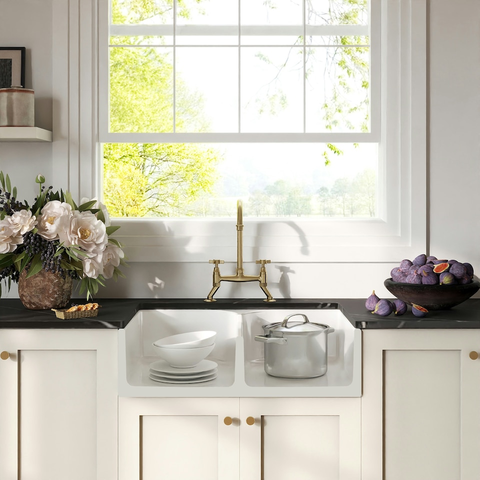 image 1 of Fireclay Kitchen Bundle - Double Bowl Stepped Weir Butler Sink, Wastes & Bridge Crosshead Tap, 795mm - Brushed Brass - Balterley