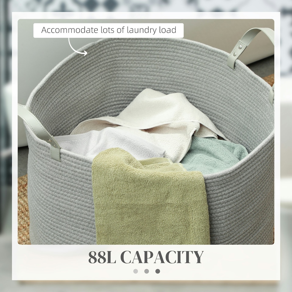 image 1 of HOMCOM 88L Cotton Rope Laundry Basket with Handles for Pillows Clothes Grey