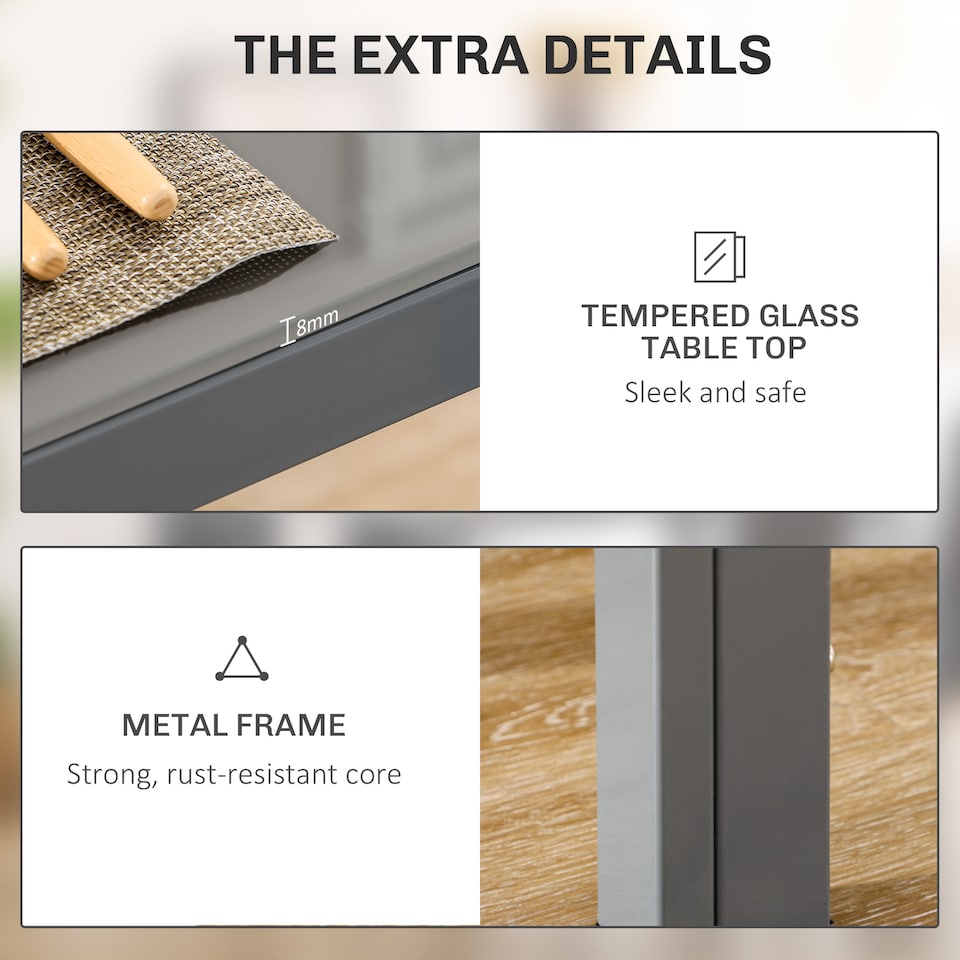 image 1 of HOMCOM 5-Piece Kitchen Dining Table Set with 4 Faux Leather Metal Frame Chairs Glass Tabletop Desk for Dining Room, Kitchen, Dinette, Grey