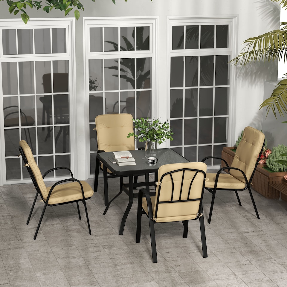 image 1 of Outsunny Garden Dining Set, Tempered Glass Table w/ Umbrella Hole Beige