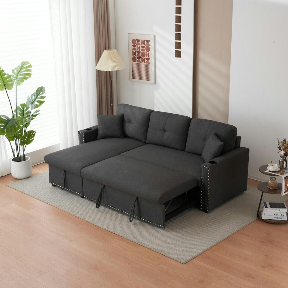 image 1 of Sofabed 3 Seater Reversible Sectional Sofa Sleeper Set with Storage Chaise, Built-in Cupholder, Decorative Rivets, Pull-out Bed, and Dark Grey Fabric Grey