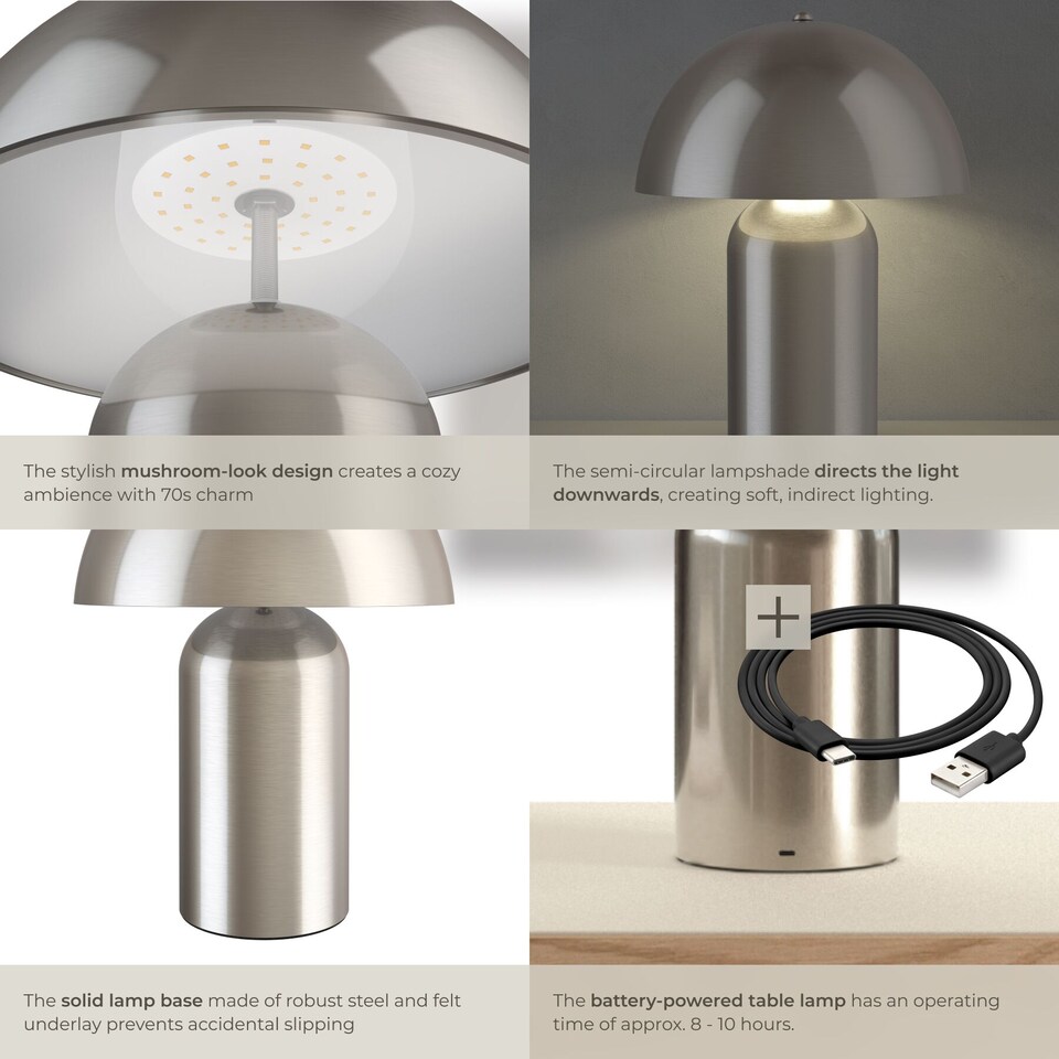 image 1 of Table Lamp Kade - retro design, 3 brightness levels, battery-powered | Silver | nickel matt | 25 x 25 x 34 cm | 1