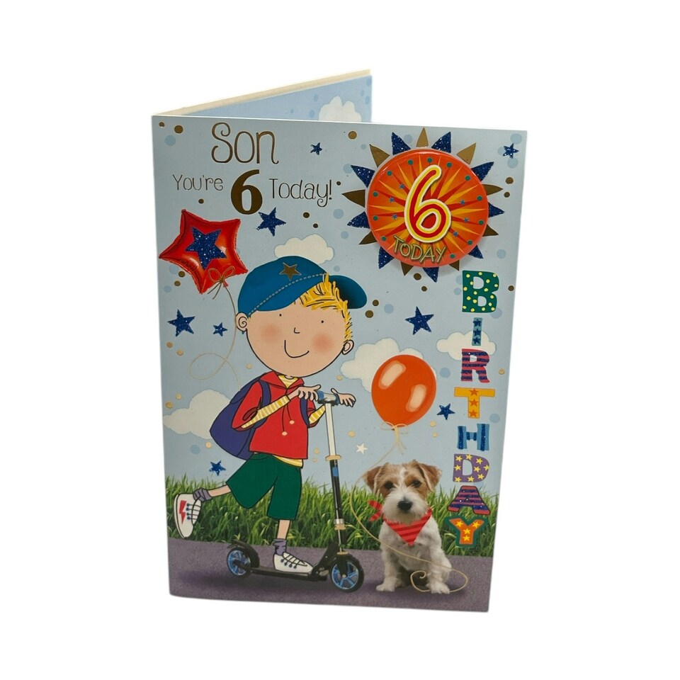 image 1 of Son Age 6 Boy Riding A Scooter Juvenile Birthday Card With Badge