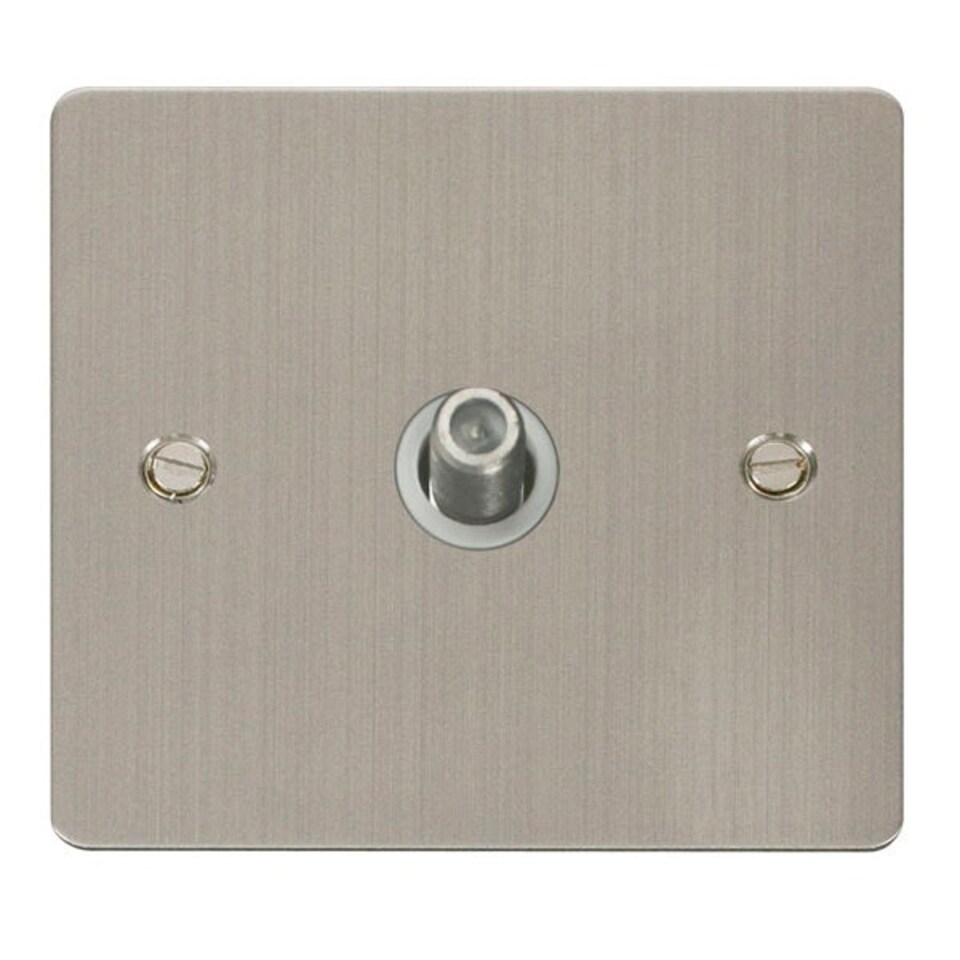 SE HOME Flat Plate Stainless Steel Satellite Socket 1 Gang - White Trim - SE Home White | Stainless Steel