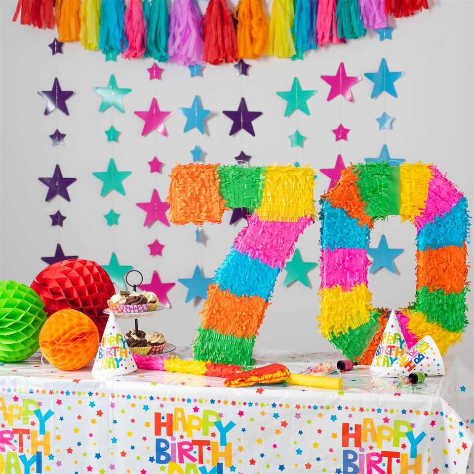 image 1 of Fax Potato Fax Potato Pinata Set with Stick & Blindfold - 70th Birthday / Anniversary - Rainbow