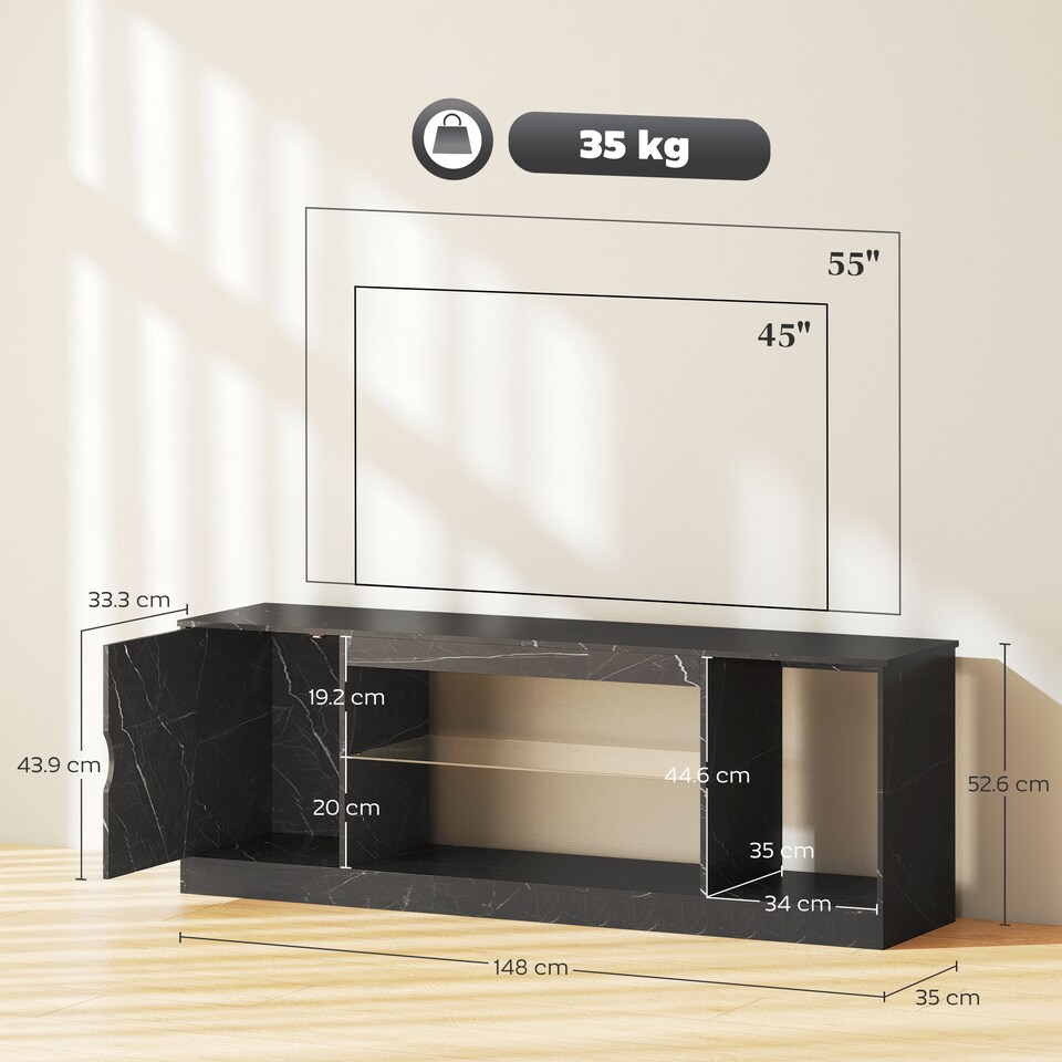 image 1 of HOMCOM TV Stand Cabinet, Marble Effect TV Unit for up to 55" TVs with Glass Shelf and Storage Cabinet, Entertainment Unit for Living Room, Bedroom, Black