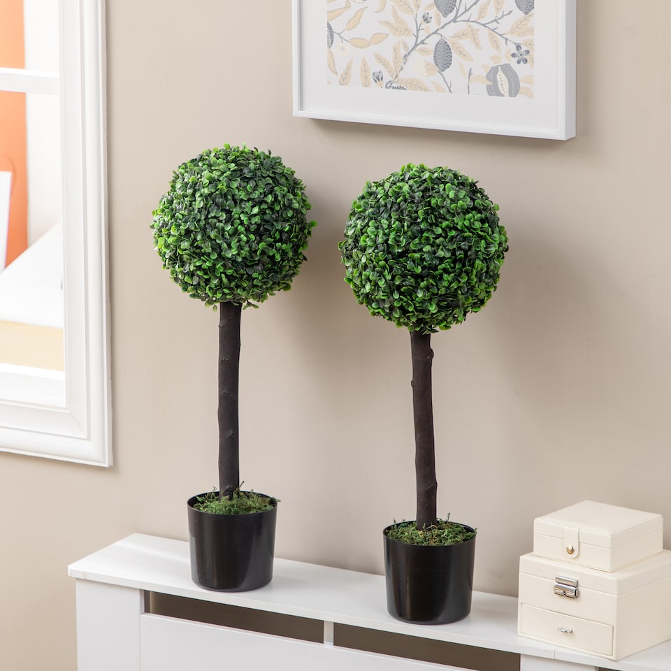 image 1 of HOMCOM Set of 2 Decorative Artificial Trees, Topiary Ball-shaped Boxwood Trees in Pot, Fake Plants for Home Indoor outdoor Decor, 60cm, 1 Tree Balls