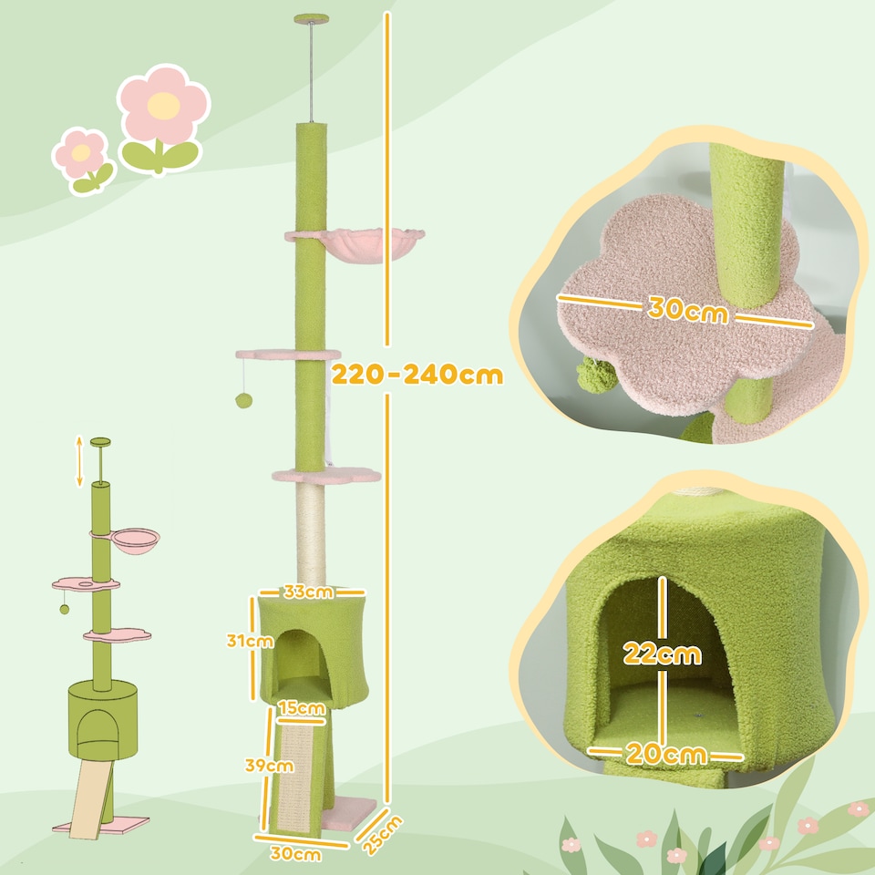 image 1 of PawHut Floor to Ceiling Cat Tree, 5-Tier Flower Cat Tower Adjustable Height 220-240 cm with Hammock, Condo, Scratching Posts, Ramp, Perches, Kitty Activity Centre for Indoor Kittens, Green