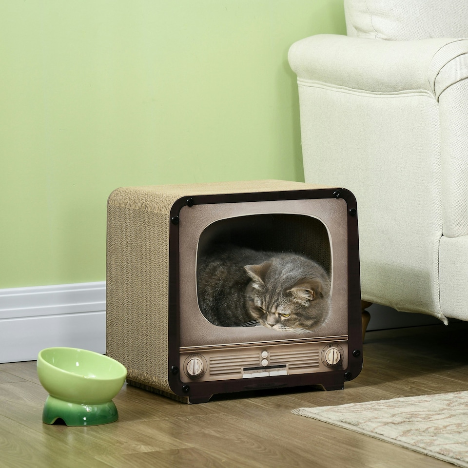 image 1 of PawHut 2 in 1 Cat House TV Shape Corrugated Cardboard with Catnip, Brown