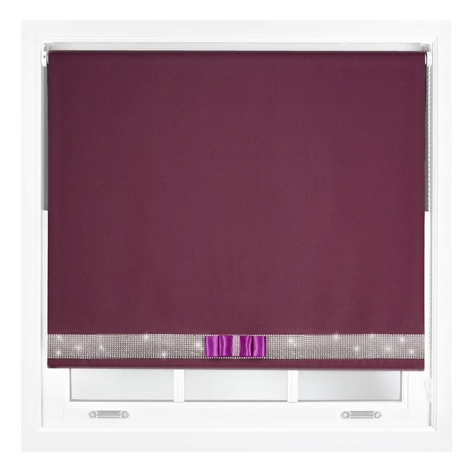 image 1 of FURNISHED Blackout Roller Blinds with Diamante Trim and Bow Cut to Size | Purple | Aubergine | (W) 120cm x (L) 165cm