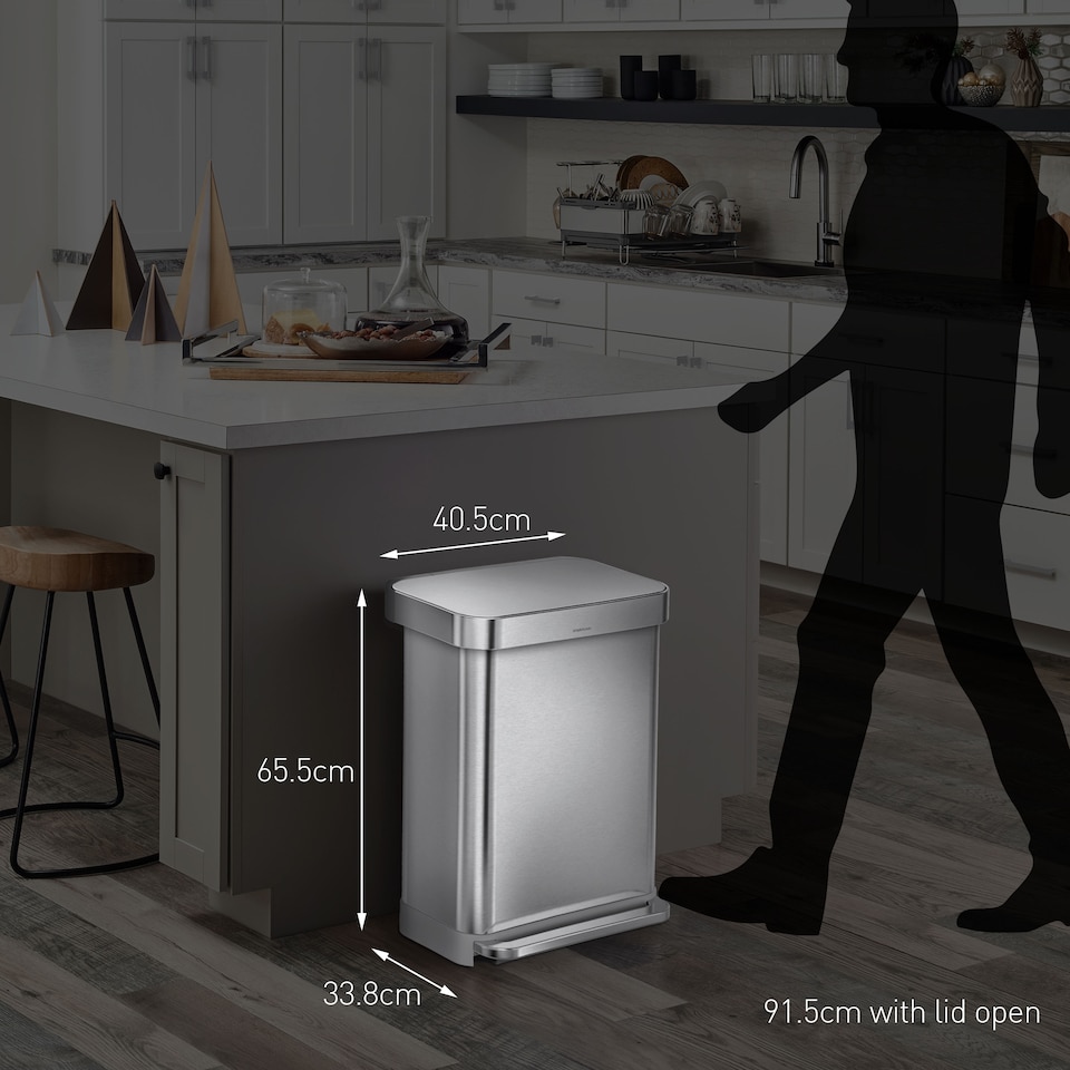 image 1 of Simplehuman 45L Rectangular Kitchen Pedal Bin with Liner Pocket, Brushed Stainless Steel with Grey Plastic Lid