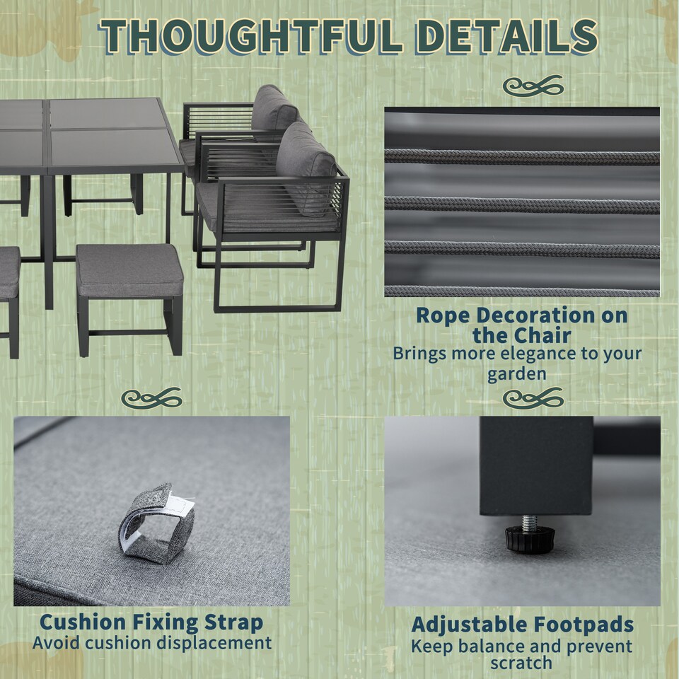 image 1 of Outsunny 9 Pieces Garden Dining Set with Cushion, 8 Seater Garden Table and Chairs Cube Set with Glass Top Dining Table, 4 Chairs and 4 Footstools, Grey