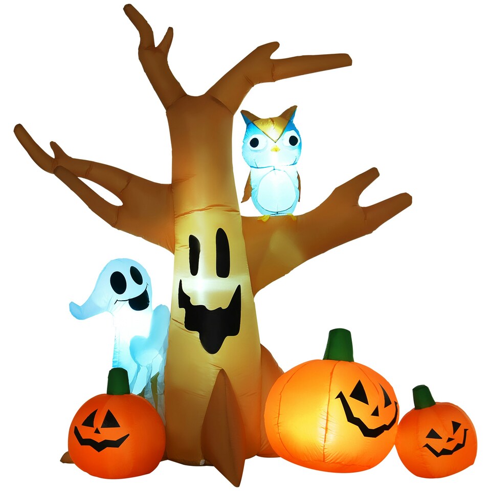 image 1 of HOMCOM Halloween Inflatable Tree Ghost 3 Pumpkins Owl Lighted 4 LED for Lawn