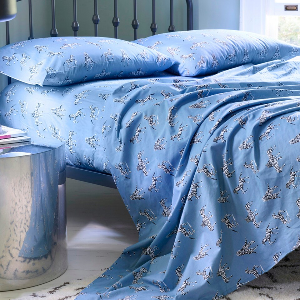 image 1 of Martex Blue Zebras in Love Fitted Sheet Blue King Blue | King