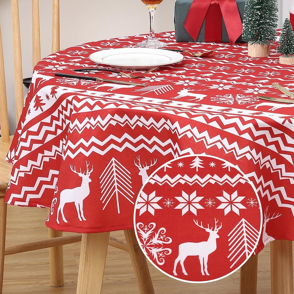 image 1 of London Boutique Round Christmas Tablecloth, Stain‑Resistant Wrinkle‑Resistant, Snowflake and Reindeer Print, Red, 60 in