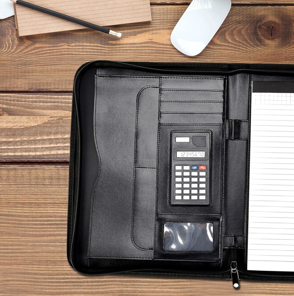 image 1 of A4 Zipped Conference Folder – Executive Portfolio with Calculator, Writing Pad, Pen Holder & Document Storage – Professional Faux Leather Business Organiser for Office, Meetings & Interviews