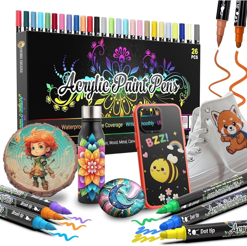 image 1 of Desire Deluxe Acrylic Paint Pens for Rock Painting, Stone, Ceramic, Glass, Wood, Canvas Set of 26 Non Toxic Water Based Markers Great Artists Painting Supplies