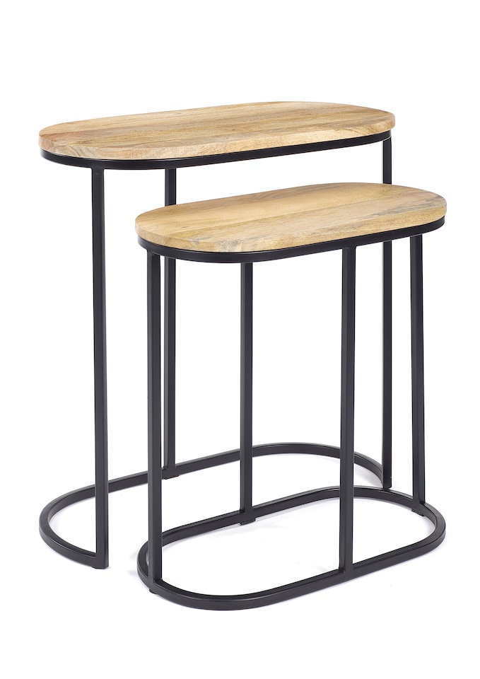 image 1 of Wooden Light Oak Finish Black Metal Oval Nest Of Two 2 Tables End Side Lamp H61 x W62 x D32cm