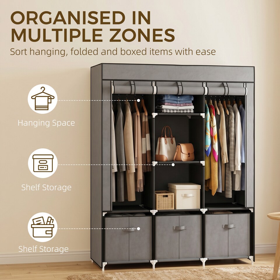image 1 of HOMCOM Large Fabric Wardrobe Closet 2 Rails, 5 Shelves 3 Drawers, Dark Grey