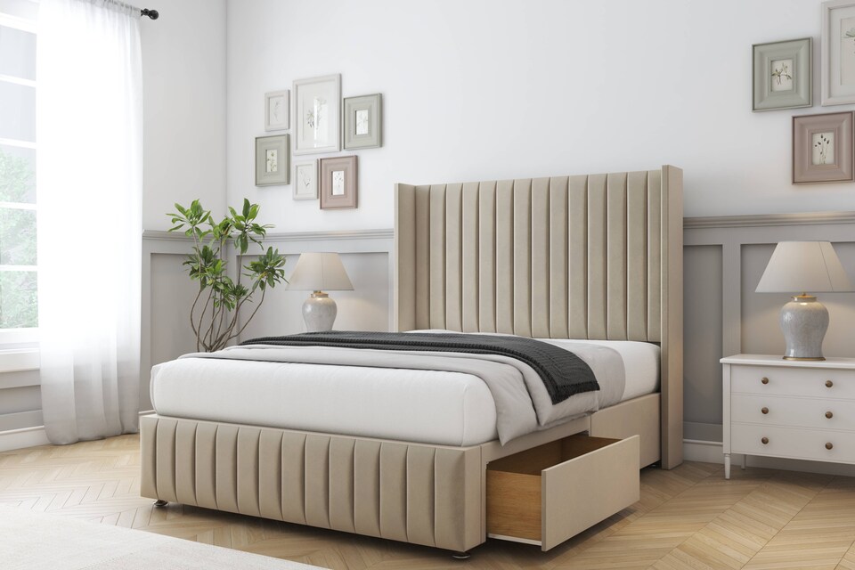 image 1 of Sloomy Marlborough Almond Coniston Divan Bed With Mattress 2 Drawers Footend With 54" Wingback Headboard & 12" Matching Footboard 4' Small Double | Cream | Almond | Small Double | 1