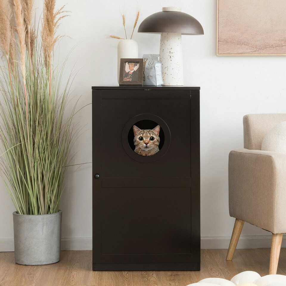 image 1 of COSTWAY 2-Tier Cat House Litter Box Enclosure Storage Cabinet Brown