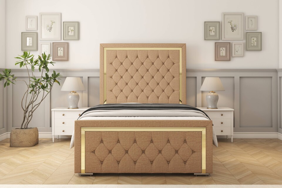 image 1 of Sloomy Sofia Gold Latte Dumfries Bed Frame With Mattress With 50" Upholstered Headboard 5' King