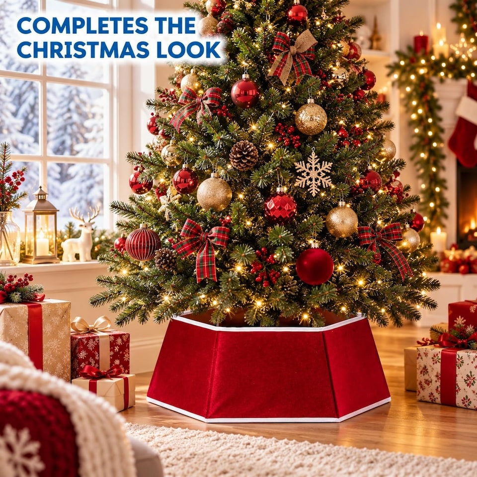 image 1 of 26.8 Inch Hexagonal Fabric Christmas Tree Collar for a Neat Festive Finish