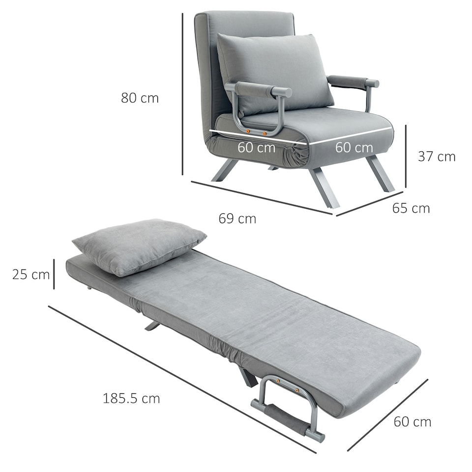 image 1 of HOMCOM Single Folding 5 Position Convertible Sleeper Chair Bed Light Grey